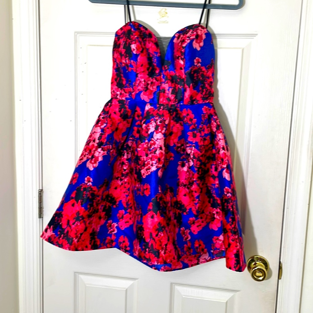 PROM DRESS Juniors Flare Strapless Floral Dress Royal Blue & Pink Size 5/6